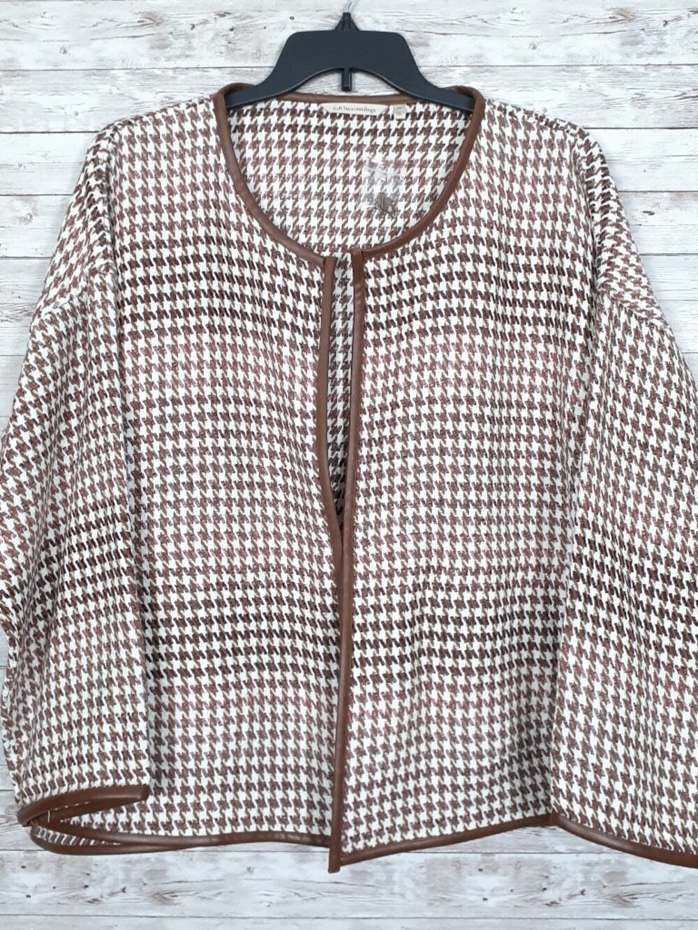 New Soft Surroundings Woven Houndstooth Jacket 3X Pockets Faux Leather Trim 12B